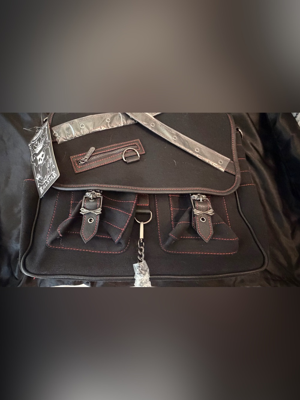 Killstar Black Messenger Bag with Red Stitching